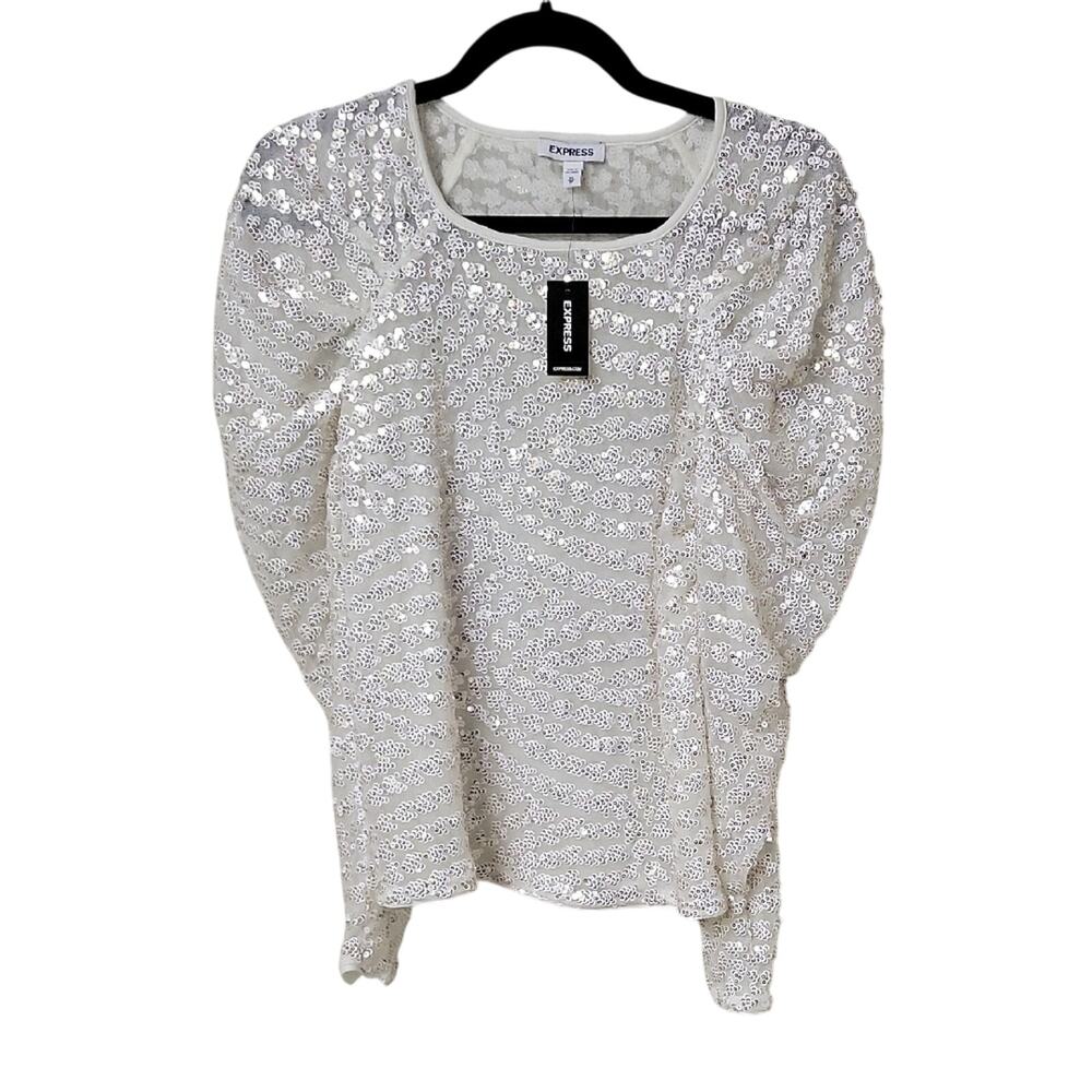 Express Ivory and Gold Sequined Puff Long Sleeve Top Womens Size XS NWT